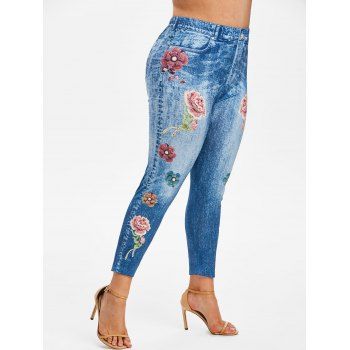 

3D Print Rose Plus Size Ninth Jeggings, Light blue