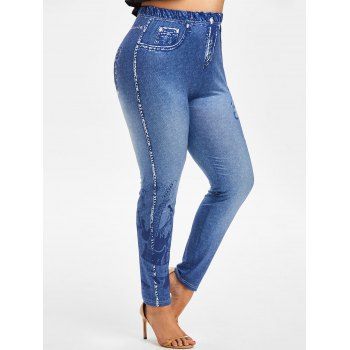 

Plus Size Musical Notes 3D Jean Pattern Jeggings, Blue