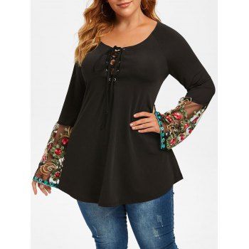 

Plus Size Lace-up Flower Embroidered Bell Sleeve Tee, Black