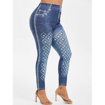 

Plus Size High Rise 3D Jean Print Skinny Jeggings, Blue
