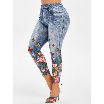 

Plus Size Floral Butterfly Print Faux Denim Leggings, Blue