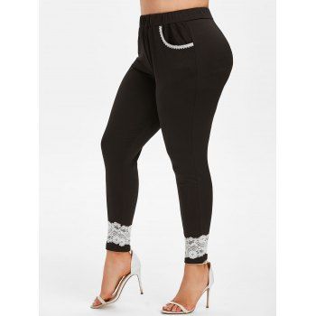 

Lace Trim Pockets High Waisted Plus Size Skinny Pants, Black