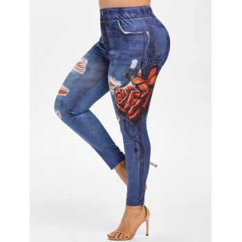 

Plus Size Butterfly Floral Print Faux Denim Leggings, Denim dark blue