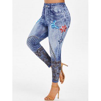 

Plus Size Butterfly 3D Lace Print Jeggings, Blue