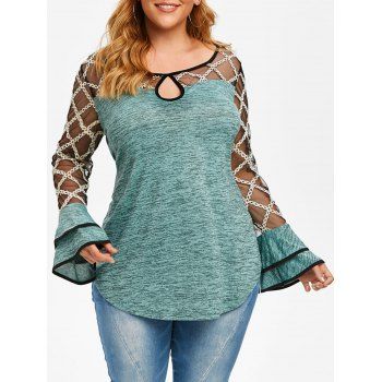 

Plus Size Mesh Insert Space Dye Keyhole T Shirt, Grayish turquoise
