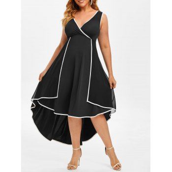 

Plus Size Contrast Trim Overlay High Low Dress, Black