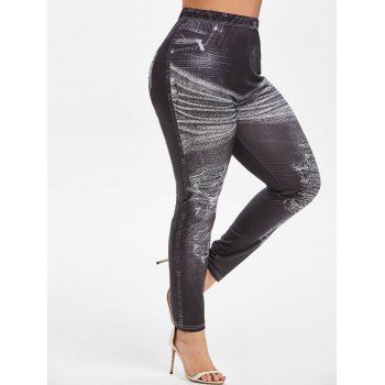 

Plus Size High Rise 3D Ripped Jean Print Jeggings, Black