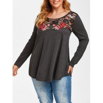 

Plus Size Floral Applique Lace Insert T Shirt, Ash gray