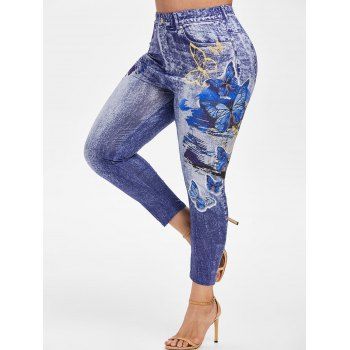 

Plus Size Butterfly 3D Print Ninth Jeggings, Light blue