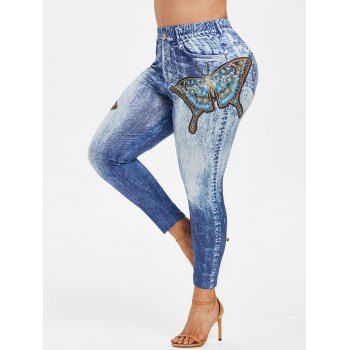 

Plus Size Butterfly Print 3D Jean Jeggings, Light blue