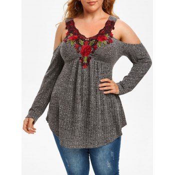 

Plus Size Floral Applique Heathered Cold Shoulder Knitwear, Ash gray