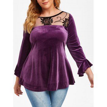 

Flocked Mesh Panel Velvet Plus Size Blouse, Purple