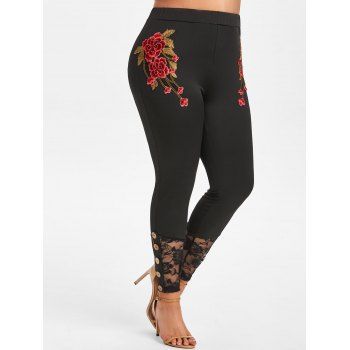 

Plus Size Floral Applique Lace Insert Leggings, Black