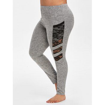 

Plus Size Space Dye Lace Insert Sheer Pocket Leggings, Smokey gray