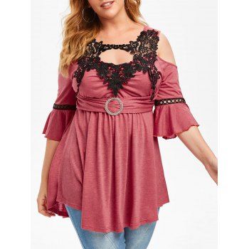 

Plus Size Cold Shoulder Lace Crochet Bell Sleeve T Shirt, Valentine red