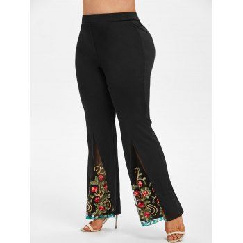 

Plus Size Embroidered Mesh Flare Pants, Black