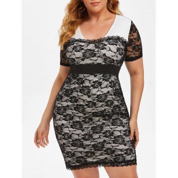 

Plus Size Lace Sheer Plunge Fitted Dress, Black