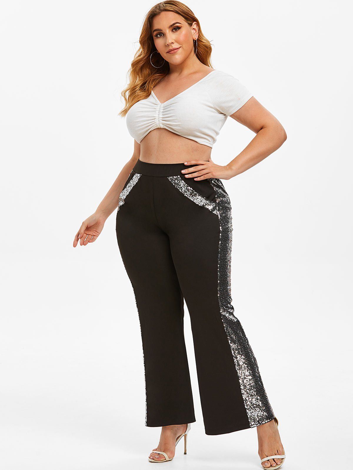 [35 OFF] 2020 Plus Size Sparkle Sequin Bootcut Pants In BLACK DressLily