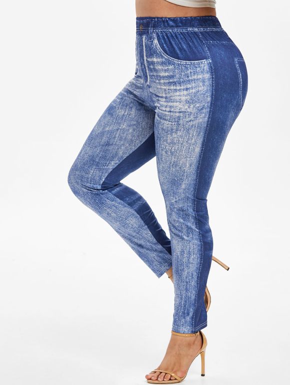 Legging Moulant 3D Jean Imprimé à Taille Haute de Grande Taille - Bleu 5X