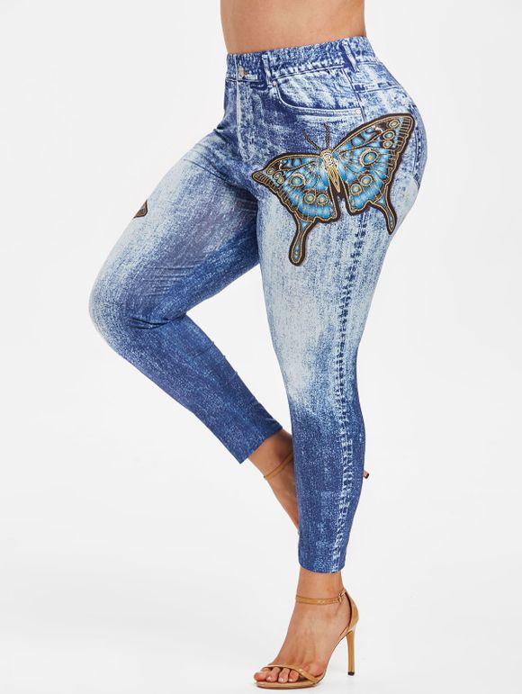 Legging Capri 3D Papillon Imprimé de Grande Taille en Jean - Bleu clair 5X