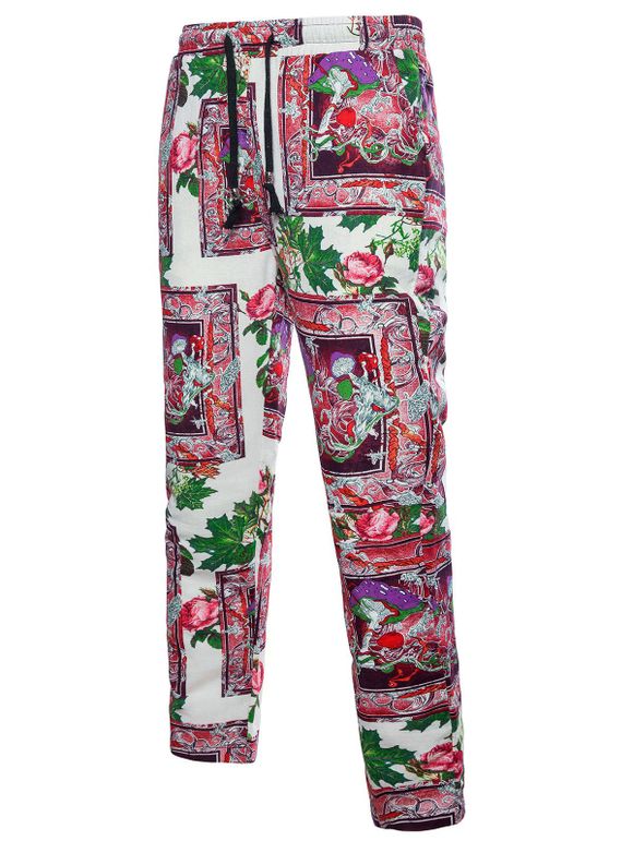Pantalon Décontracté à Imprimé Fleur à Cordon Style Bohémien - Blanc XL