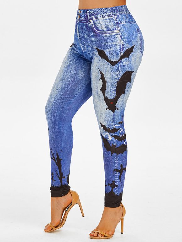 Legging Motif de 3D Chauve-souris de Grande Taille à Taille Haute - Bleu 1X