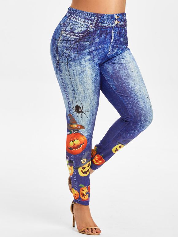 Legging d'Halloween 3D Citrouille Imprimée à Coupe Haute de Grande Taille - Bleu 5X