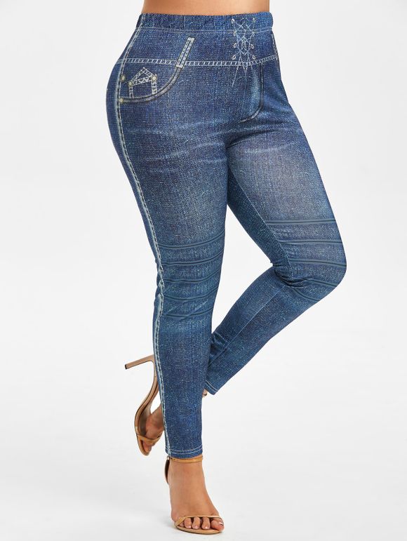 Legging 3D Rayé en Faux Jean de Grande Taille - Bleu 5X