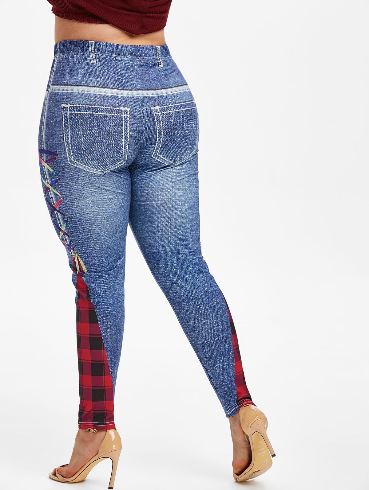 [32% OFF] 2020 Plus Size Plaid Lace-up 3D Jean Pattern Jeggings In DEEP ...