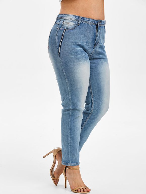 Jean Drapeau Américain à Ourlet Contrasté de Grande Taille - Bleu clair 4XL