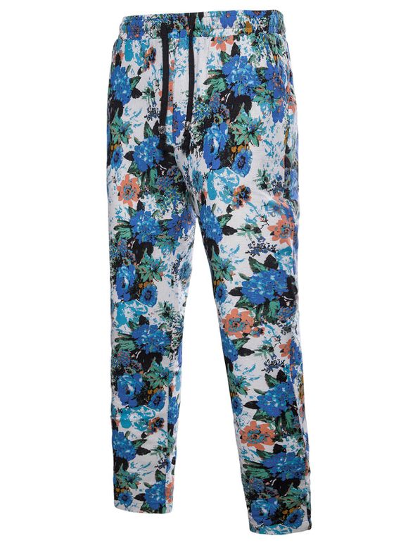 Pantalon Décontracté Imprimé Floral à Cordon - Bleu XL