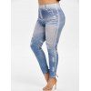 Legging Moulant 3D Déchiré de Grande Taille en Faux Denim - Bleu clair 3X