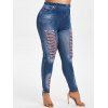 Plus Size High Rise 3D Ripped Jean Print Skinny Jeggings - DEEP BLUE 5X