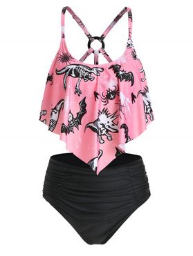 Tummy Control Tankini Swimwear Dinosaur Skeleton Print Strappy Ruched Cut Out Summer Beach Swimsuit