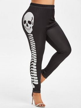 Plus Size Elastic Waisted Skeleton Printed Leggings