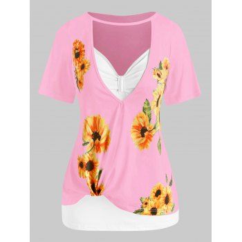 

Plus Size Sunflower Print Cutout Tee and Tank Top Set, Light pink