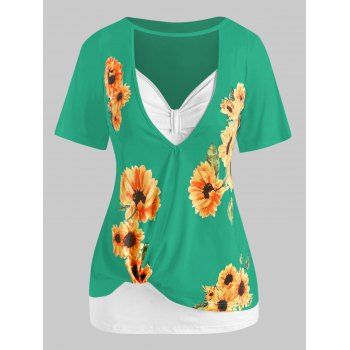 

Plus Size Sunflower Print Cutout Tee and Tank Top Set, Green