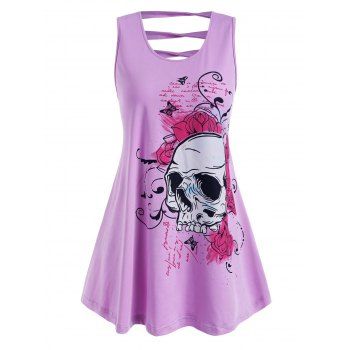 

Plus Size Ladder Cutout Floral Skull Print Tank Top, Light purple