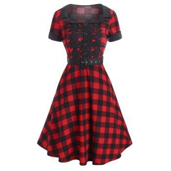 

Plaid Lace Applique Cuffed Belt 1950s Dress, Red