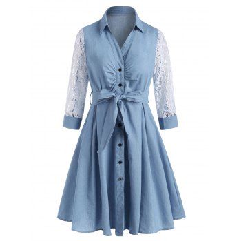 

Lace Sleeve Chambray Belt Shirt Dress, Light blue