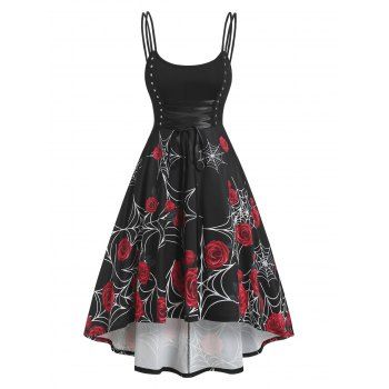 Rose Printed Lace Up Rivet Dress, Multicolor a