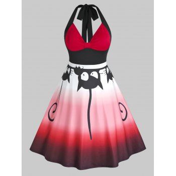 

Plus Size Ombre Funny Cat Pattern Halter Retro Dress, Red