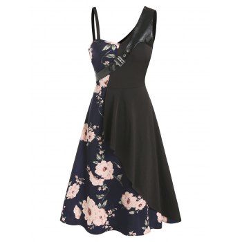 

Floral Print Buckled Sleeveless Asymmetrical A Line Dress, Cadetblue