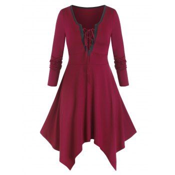

Plus Size Handkerchief Lace-up Long Sleeve Tee Dress, Red wine