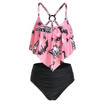 

Tummy Control Tankini Swimwear Dinosaur Skeleton Print Strappy Ruched Cut Out Summer Beach Swimsuit, Light pink