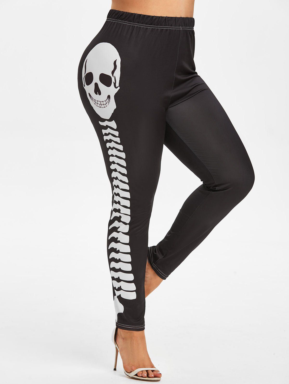 Legging à Imprimé Squelette à Taille Elastique de Grande Taille - Noir 1X