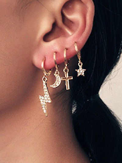 Ensemble de Boucles d'Oreilles Clous Motif Croix Etoile Lune avec Strass - d'or 
