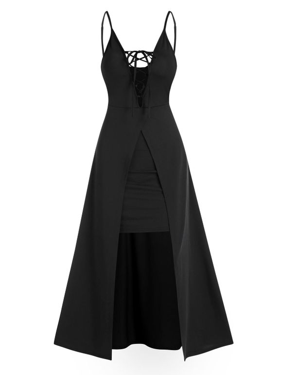 Robe de Bal Fendue à Bretelle Fine à Lacets en Avant - Noir 3XL