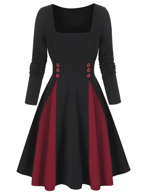 Robe Patineuse Contrastée Boutonnée à Manches Longues - Noir 3XL