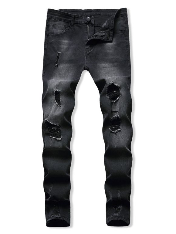 Pantalon Décontracté Droit Déchiré en Denim - Noir XL